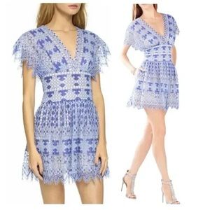 BCBGMaxAzria Taran Blue Lace Overlay V Neck Mini Dress Size 8